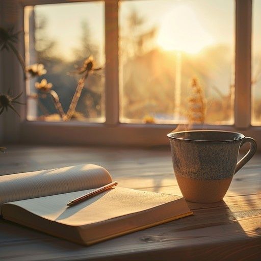 Öppen anteckningsbok och kaffekopp i varmt morgonljus